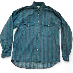 Vintage 90s Pier Connection Teal & Purple Striped Button-Down Shirt - Small